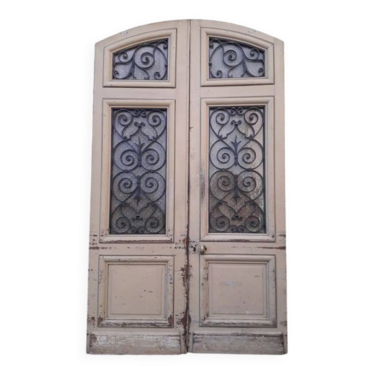 Porte d'entrée cintrée double en chêne, grilles et verre, XIXème