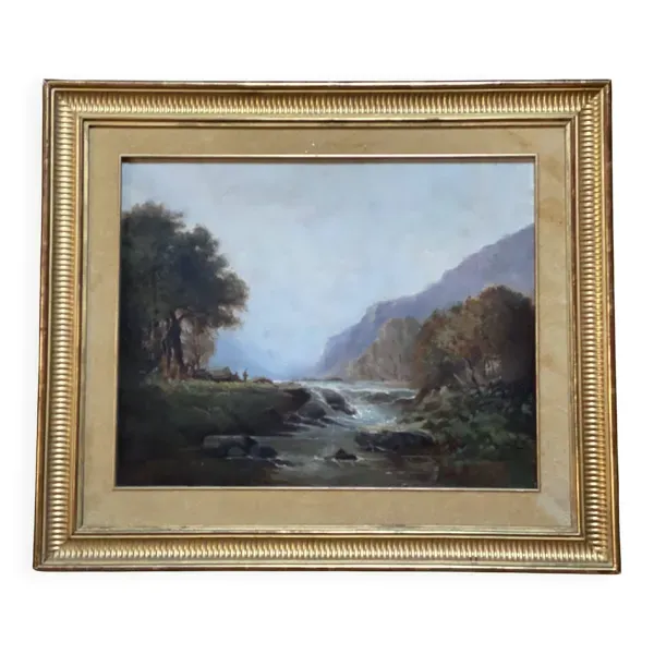 Tableau école française du XIXé, rivière de montagne