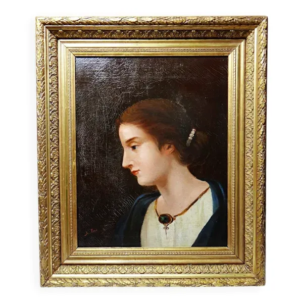 Ancien portrait de jeune femme de profil, huile sur toile A.Piard XIXe
