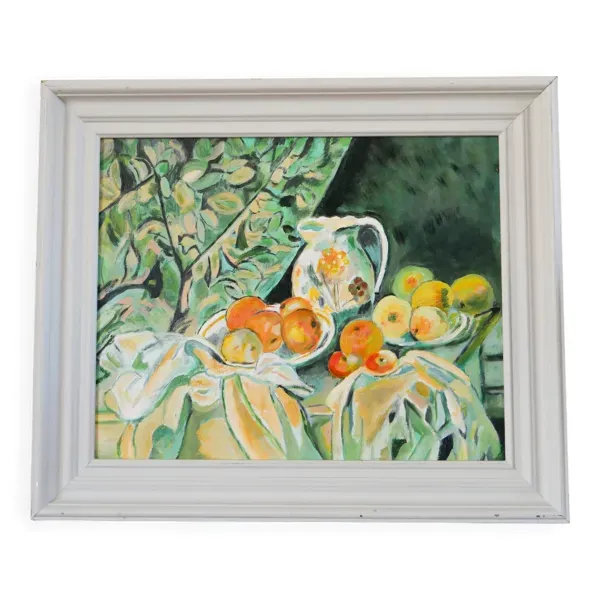 Joli tableau, huile sur carton, nature morte d'après Cézanne, Vert Orange