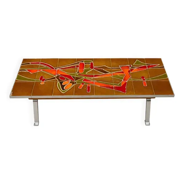 Table basse vintage des années 1960/70 avec plateau en carreaux