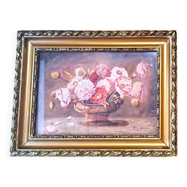 Peinture jack aquarelle nature morte france 1938 coupe florale cadre doré