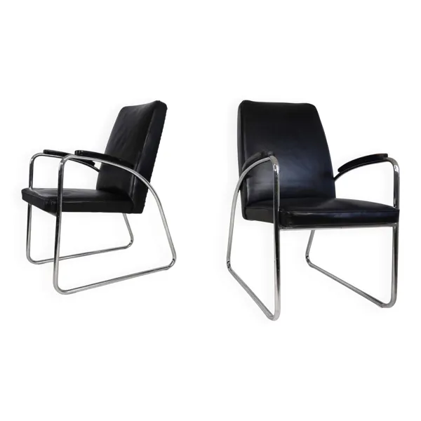 Ensemble de 2 fauteuils en acier tubulaire en cuir Bauhaus Streamline, 1930