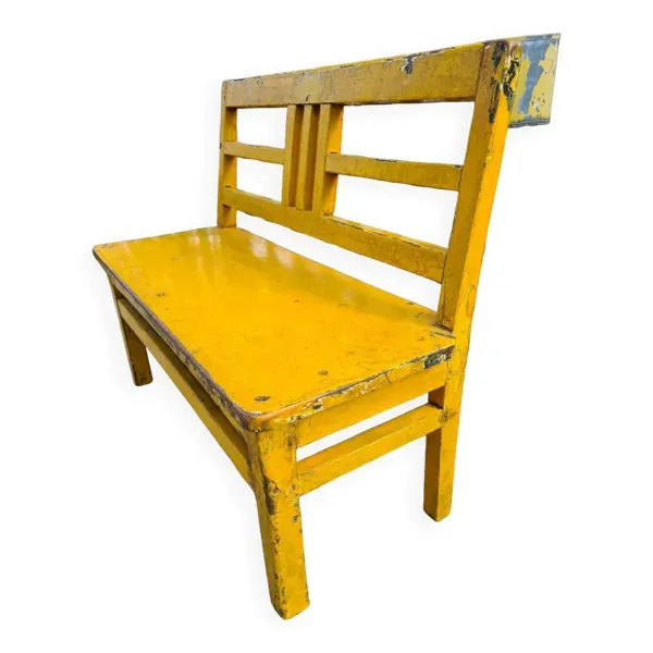 Banc d'écolier en bois jaune, années 60