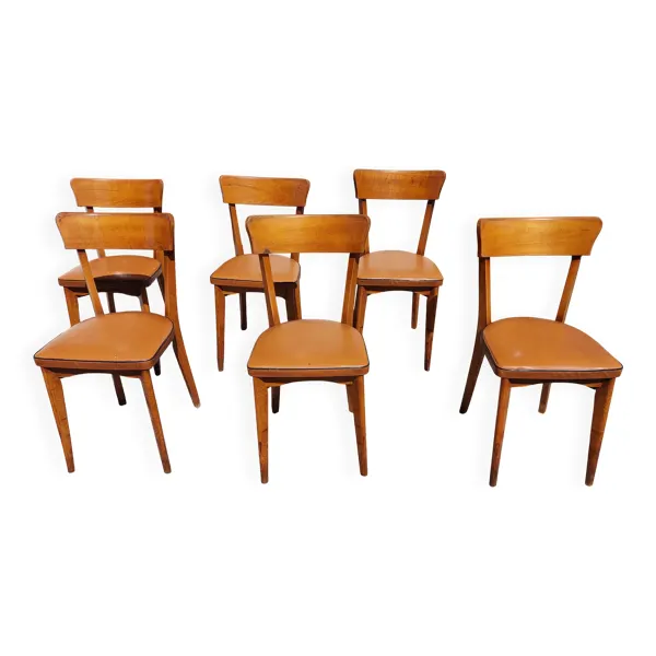 6 chaises bistrot bois et skaï camel, années 60 vintage