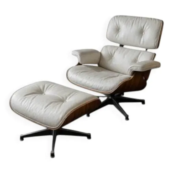 Charles et Ray Eames & Mobilier International - Lounge Chair et son Ottoman, cuir blanc