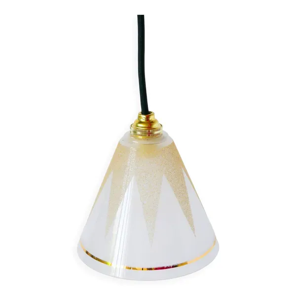 suspension en verre motifs graphiques et liseré granité, Blanc et Doré, 195