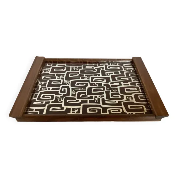 Ancien plateau bois aux motifs psychédéliques art déco