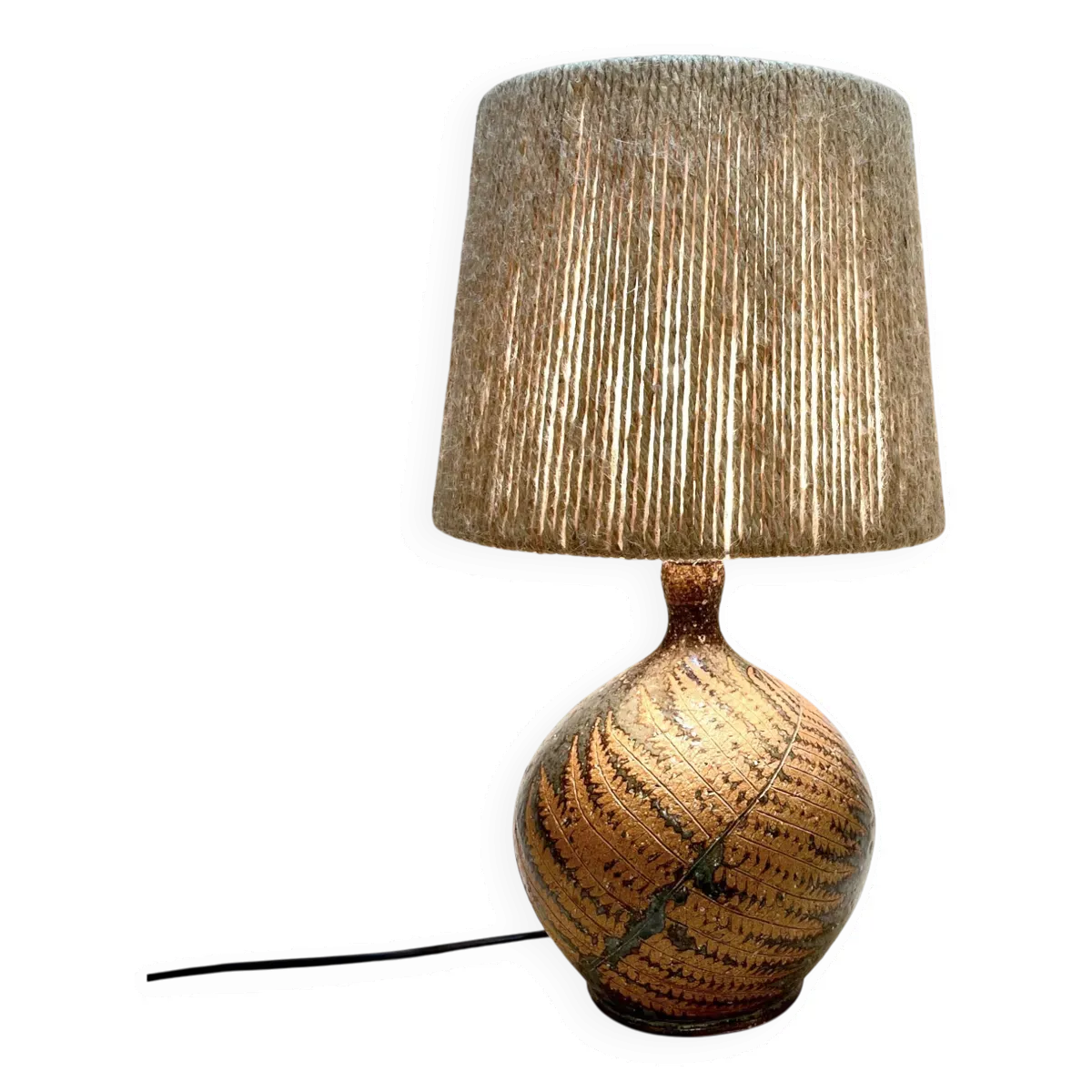 Lampe en grés vintage signée Alain Blanchard 1970 fougère abat-jour corde