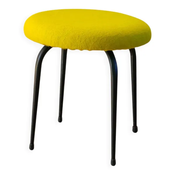 Tabouret en fer noir et laine bouillie, vert, 1960