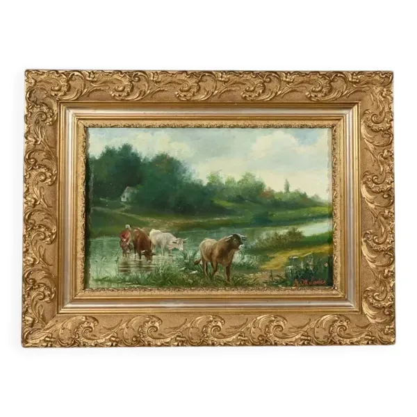 Huile sur Toile « Pâturages » de N. Okolowicz – Début XXe