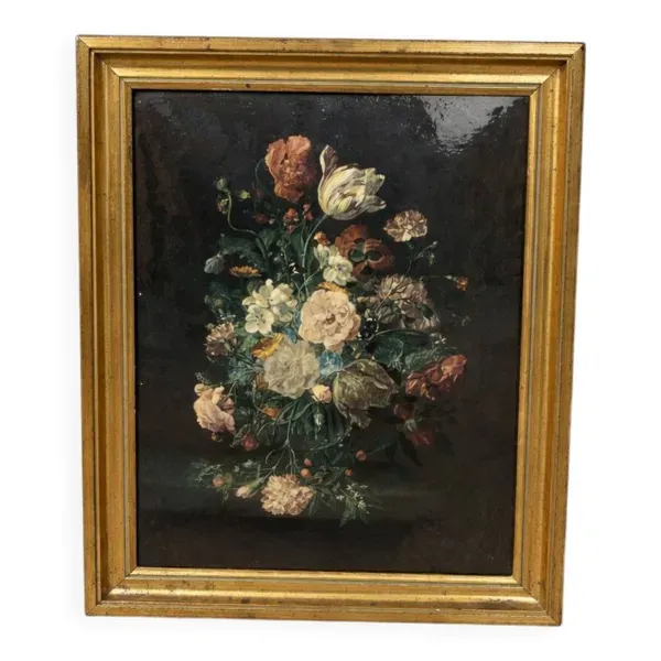 Tableau vintage nature morte sur plaque métal – cadre doré helca, fabricati