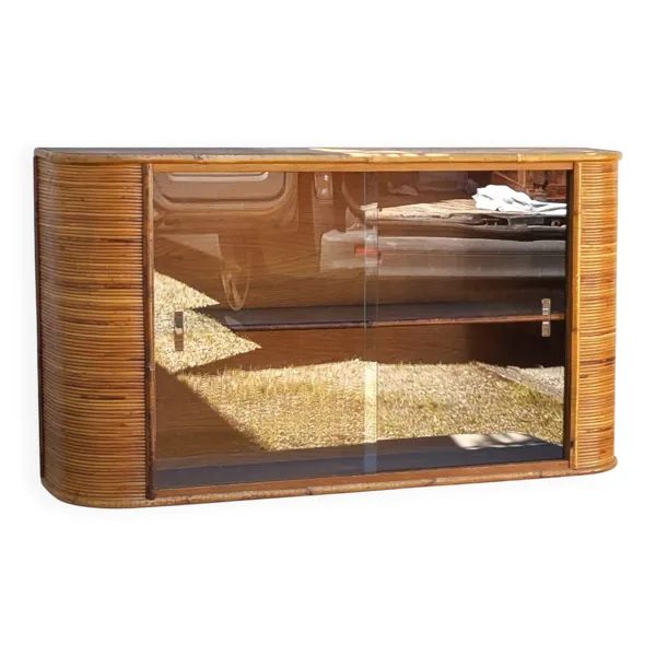 Etagère Murale Vitrée Vintage en Bois et Rotin, Coins arrondis