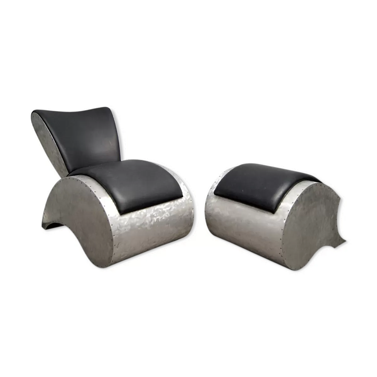 Chaise de salon en aluminium industriel et en vinyle avec repose-pieds, années 1970