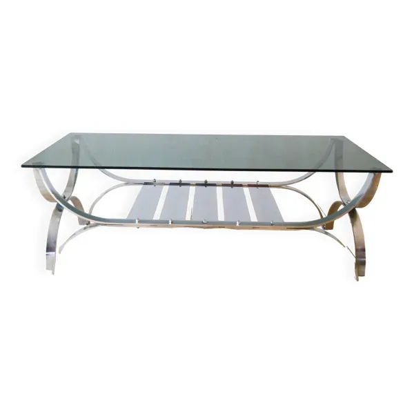 table basse rectangulaire en verre fumé et chrome double plateaux Design 1970