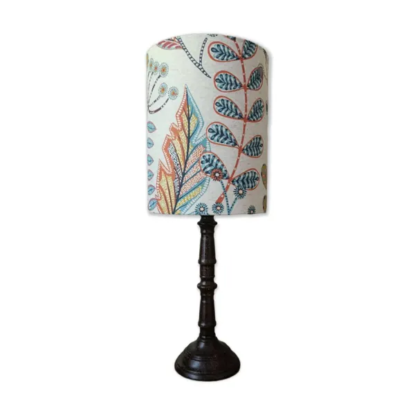 Lampe de table métal vieilli, abat-jour végétal