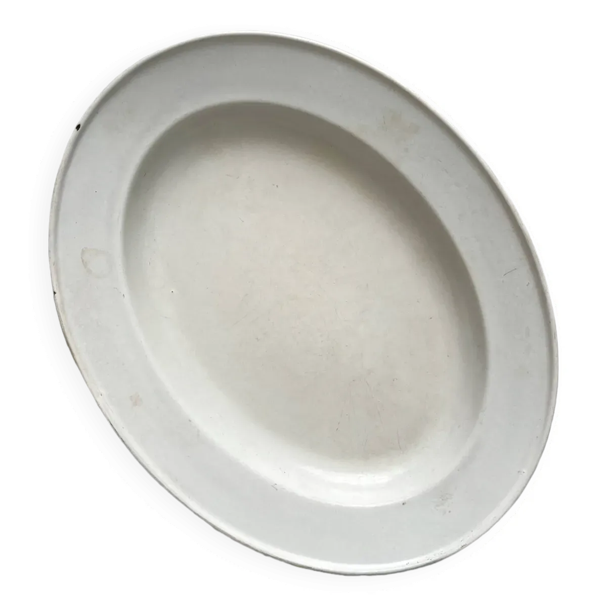 Plat ovale en tôle émaillée blanc et bleu marbré vintage