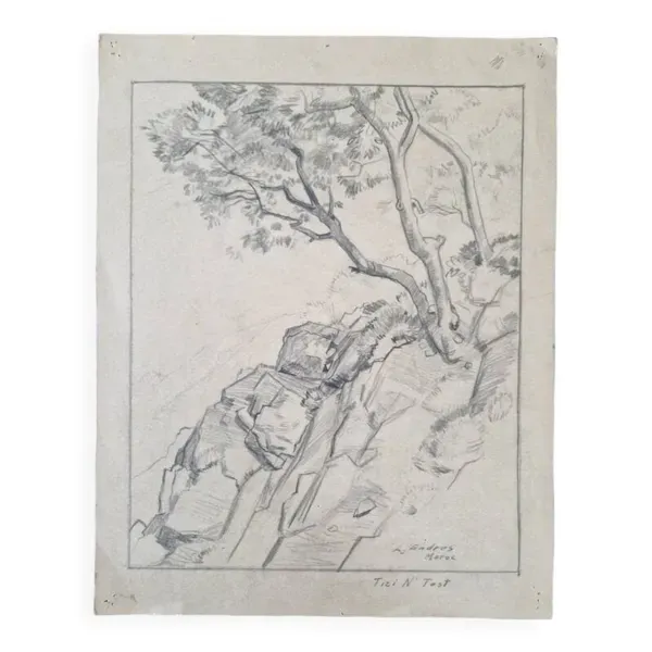 Louis John Endres (1896-1989) - Dessin au fusain sur papier - Paysage Tizi N'Test, Grand Atlas Maroc