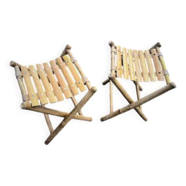 Paire de tabourets pliants vintage en bambou et bois – France, années 60/70