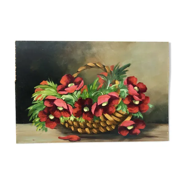 Tableau nature morte au panier de fleurs années 70