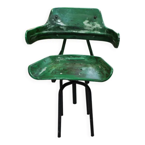 Fauteuil d'atelier pivotant vintage en tôle emboutie verte à dossier rabatt