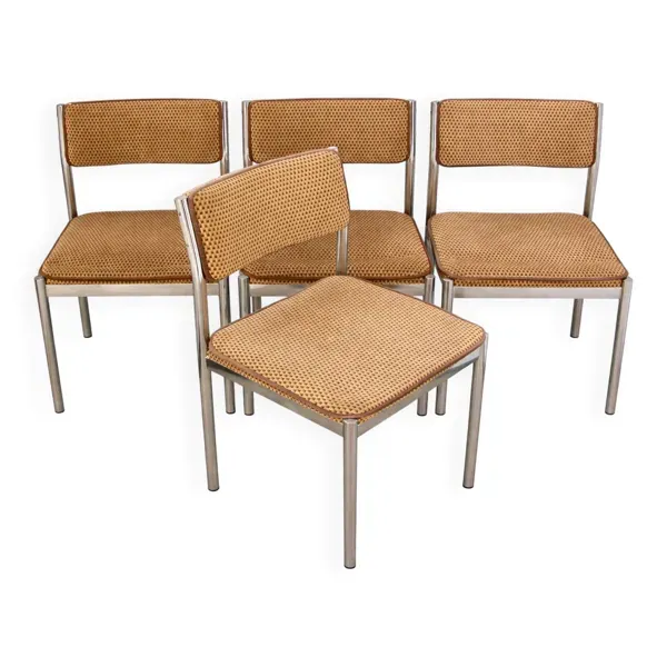 Ensemble de 4 chaises des années 1970 – Chrome, tissu vintage