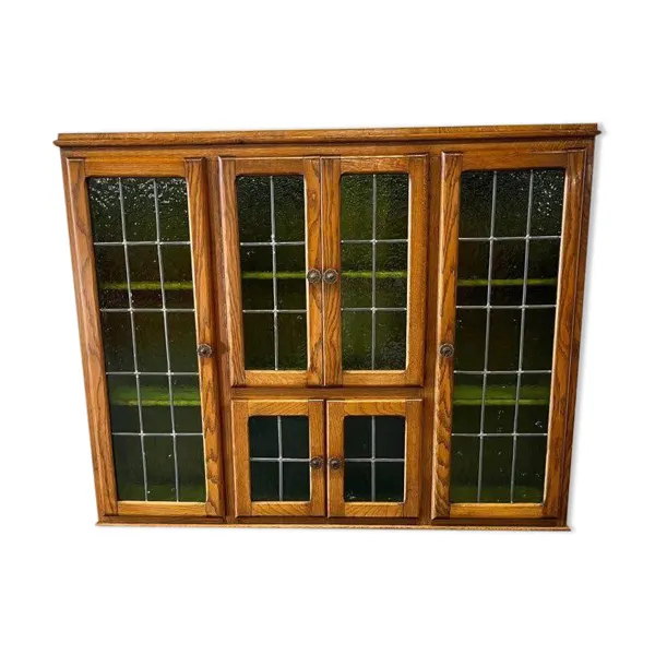 Armoire murale vintage en bois avec vitrail vert