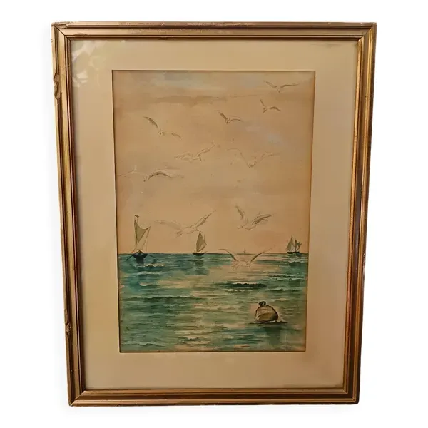 aquarelle vers 1900 vue du Bassin d'Arcachon par Raoul Dosque