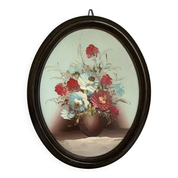 Tableau ovale bouquet de fleurs huile sur panneau