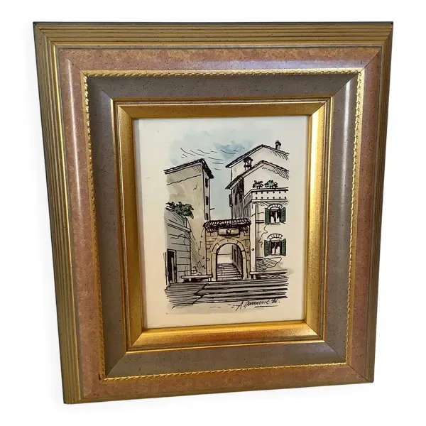 Tableau aquarelle signée vue de village