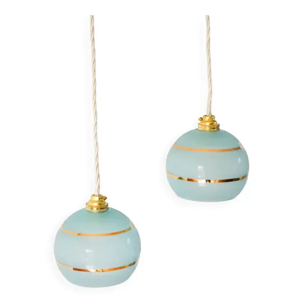 paire de suspensions boules granité bleu et doré 1950