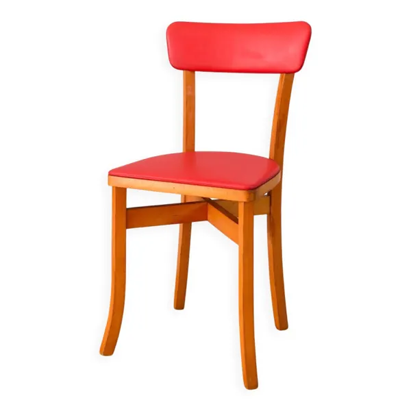 Chaise en bois blond et skaï rouge, 1950