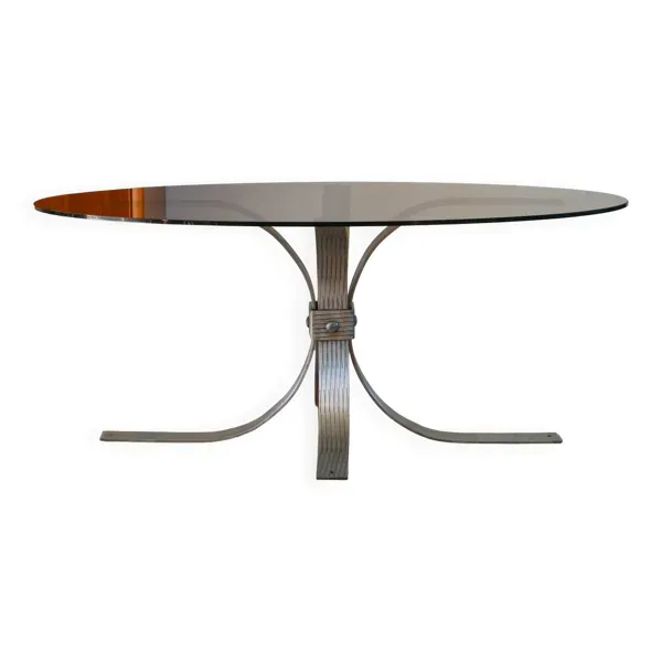 Table basse ovale en verre fumé et acier brossé, 1968