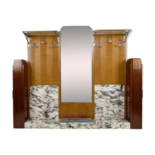 Large vestiaire Art Déco en chêne, marbre et acajou, circa 1925