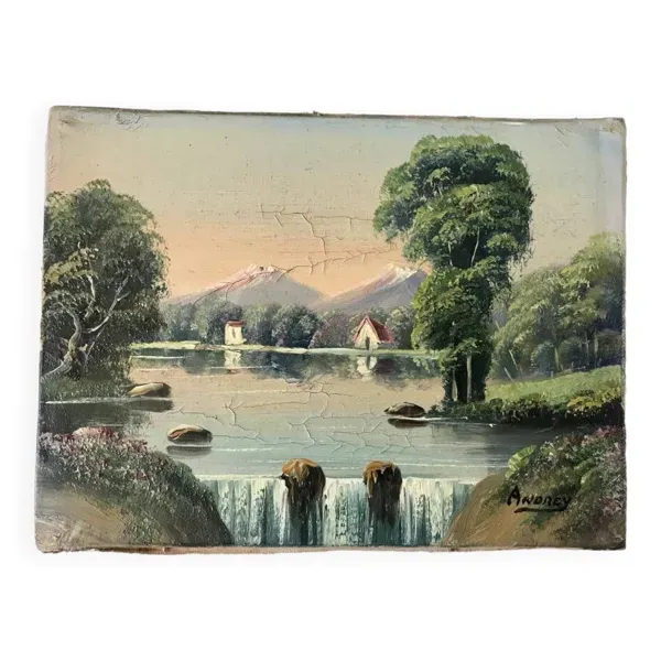 Tableau huile sur toile rivière vintage