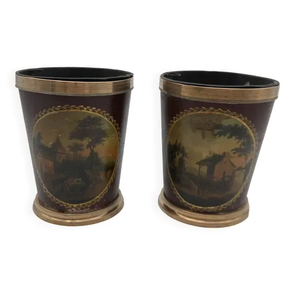 Paire de Cache-Pots en Tôle Peinte et Laiton, Décor de Paysages Bucoliques,