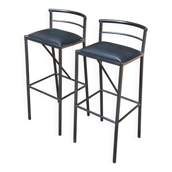 2 tabourets de bar italiens Calligaris 1990 acier et cuir noir 80cm