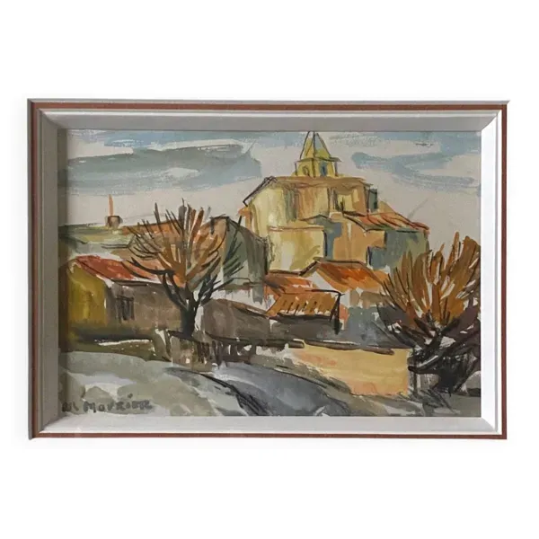 Aquarelle encadrée Mourier Marguerite ''l'église du village