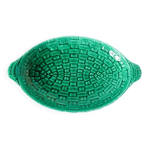 Grand plat en barbotine modèle bambou tressé vert, 1970