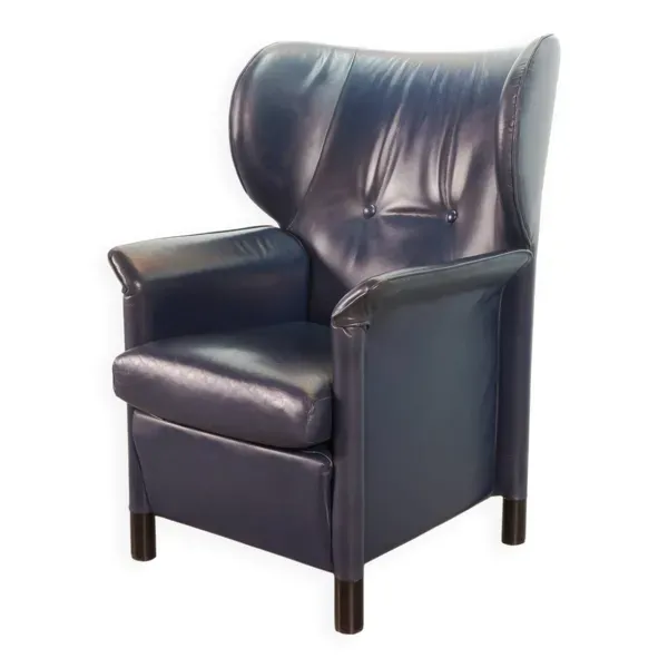 Fauteuil à oreilles en cuir souple bleu pétrole Wittmann, modèle Aura, conçu par Paolo Piva