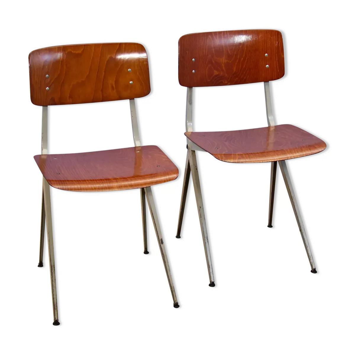 Ensemble de 2 chaises industrielles hollandaises en teck/contreplaqué par Marko, années 1960