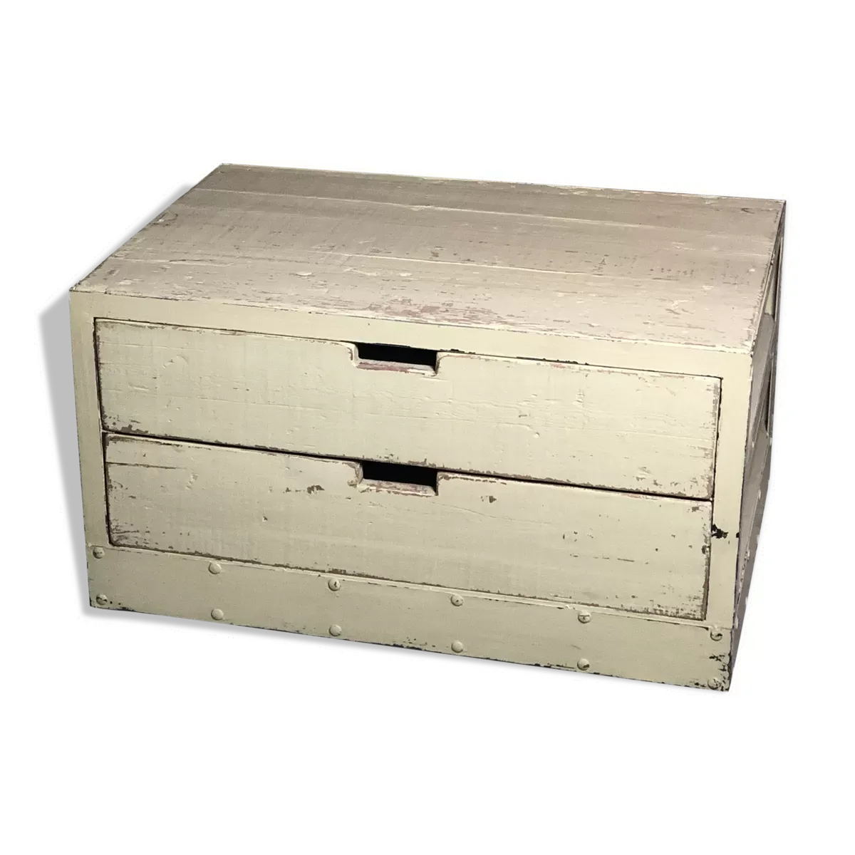 Meuble de rangement table basse en bois et fer vert pastel patiné