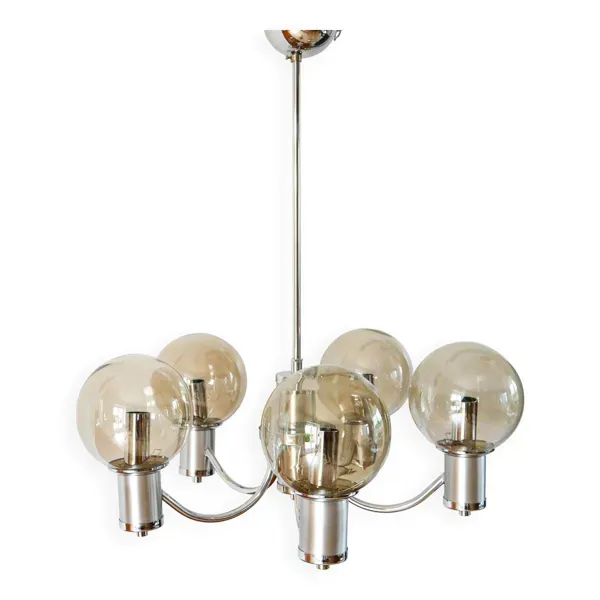 Lustre cinq branches, en chrome et globes en verre fumé, Design, 1970