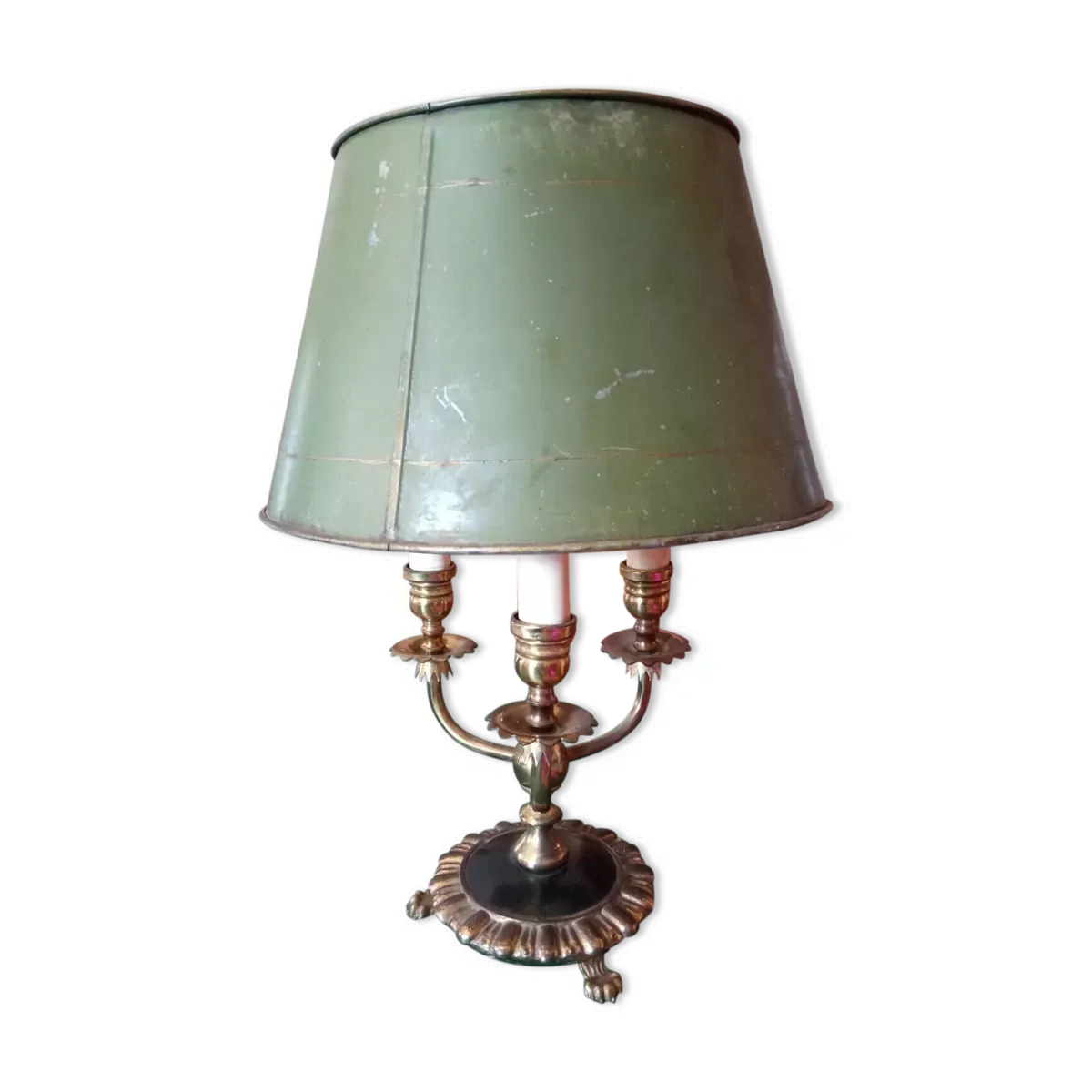 Lampe bouillotte 3 lumières bronze doré abat jour tôle pates de lion