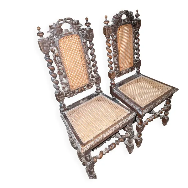 Paire de chaises d'apparat Néo-Renaissance – Bois sculpté et colonnes torsa