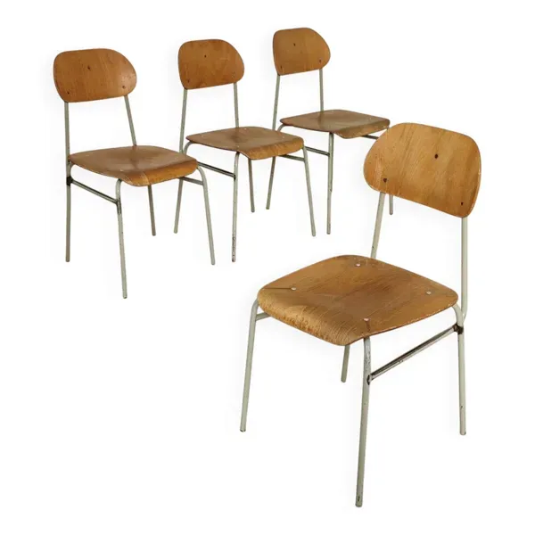 Lot de 4 chaises d'école métal et bois Ex Tchécoslovaquie 1960