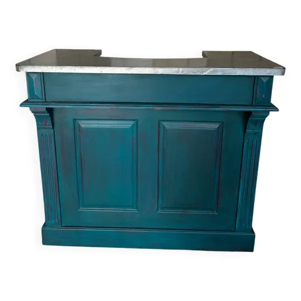 Ancien comptoir de commerce en bois avec plateau en zinc