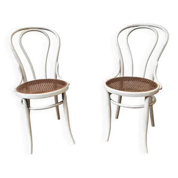 Paire de 2 chaises bistrot en bois courbé blanc et cannage Jacob Josef Kohn