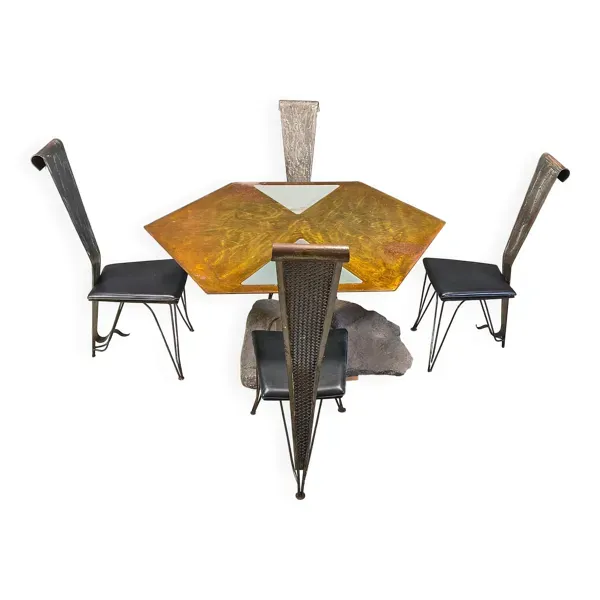 Ensemble de salle à manger en acier et pierre fait main, années 1970