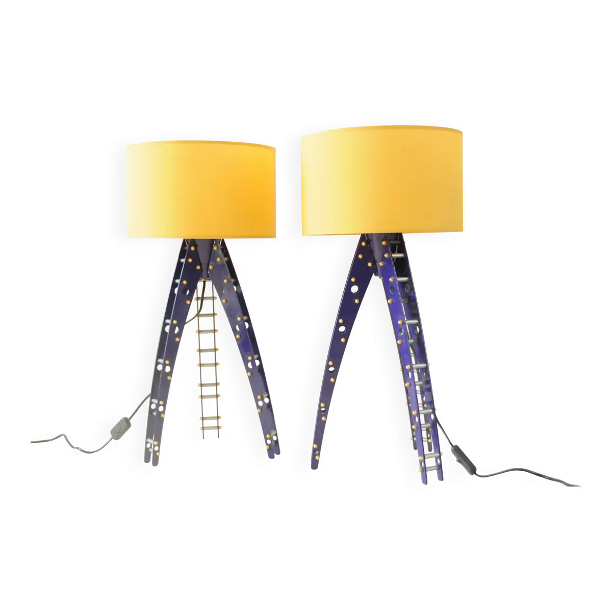Paire de lampes fusées Space Age bleues et abat-jour jaune